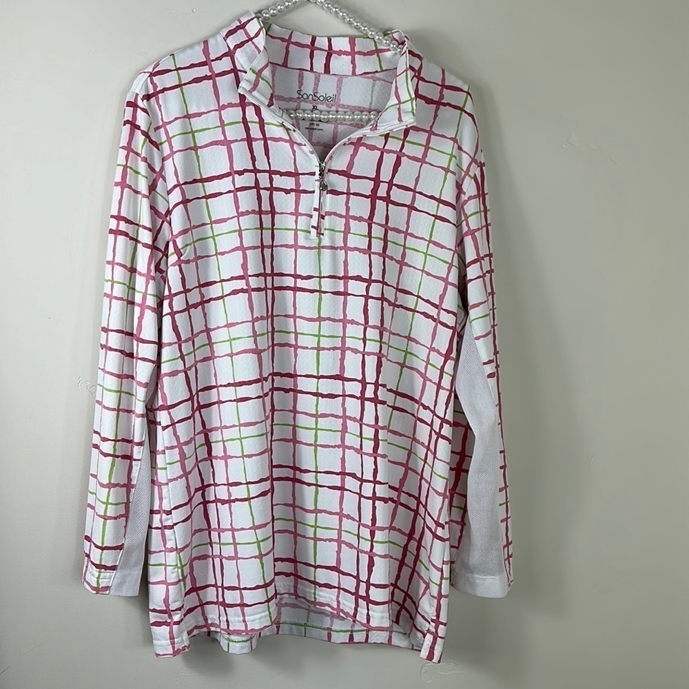 SanSoleil Pink & Green SoCool Plaid Long Sleeve  1/4 Zip Tennis Golf Top XL